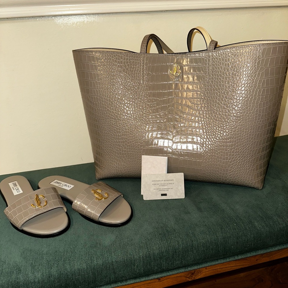 Jimmy Choo Metallic Taupe Croc-Embossed Tote and Sandals